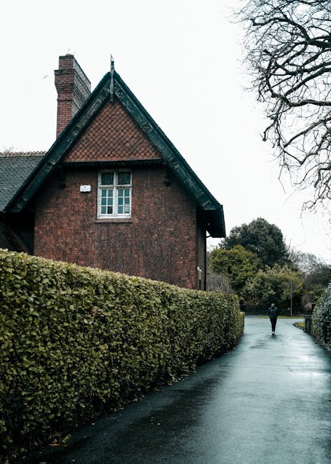 A wet asphalt path runs alongside a neatly trimmed hedge, leading towards a brick house with a steeply pitched roof and a small, white-framed window on the upper floor. The sky overhead is overcast, c